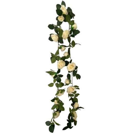 Cream Ivory Off White Rose Garland 7' Long Green Leaf Foliage Faux Flowers - Picture 1 of 8